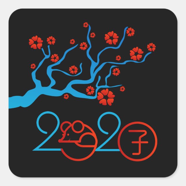 Pegatina Cuadrada Año zodiaco chino de la rata 2020 (Anverso)