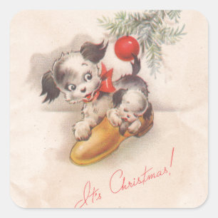 Pegatina Cuadrada Años 1940 Viñar a sus Navidades Perros con Cachorr