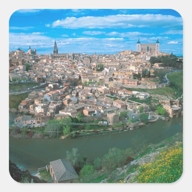 Pegatina Cuadrada Antigua ciudad de Toledo, España. (Anverso)
