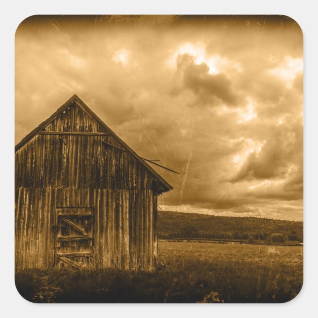 Pegatina Cuadrada antigua granja de campo rústica occidental (Anverso)