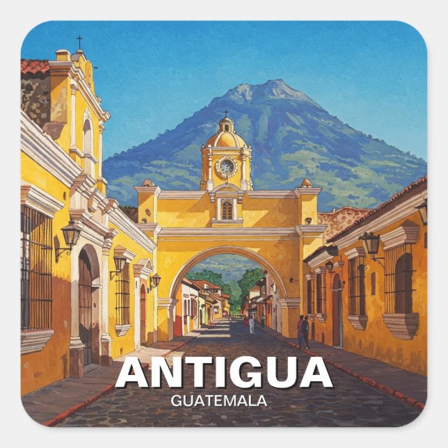 Pegatina Cuadrada Antigua Guatemala Viajes (Anverso)
