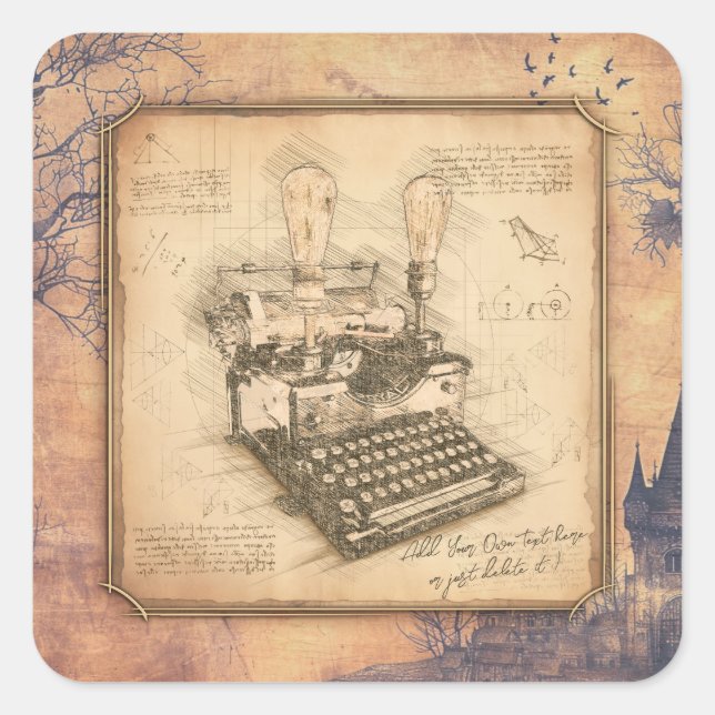 Pegatina Cuadrada Antigua máquina de escribir. Regalo de autor/escri (Anverso)