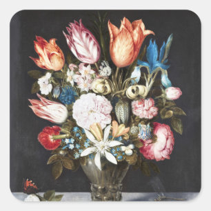 Pegatina Cuadrada Antiguas Tulipas y Rosas Holandesas de Bosschaert 