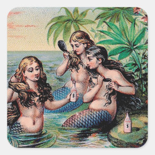 Pegatina Cuadrada Antigüedad de Sirena Mágica Océano Náutico