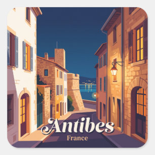 Pegatina Cuadrada Antiguo pueblo de Antibes de noche Francia