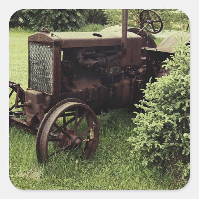 Pegatina Cuadrada Antiguo Tractor Rusty (Anverso)