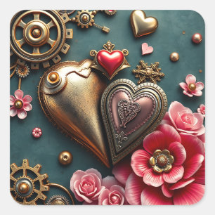 Pegatina Cuadrada antiguos Corazones y Engranajes de Metal Steampunk
