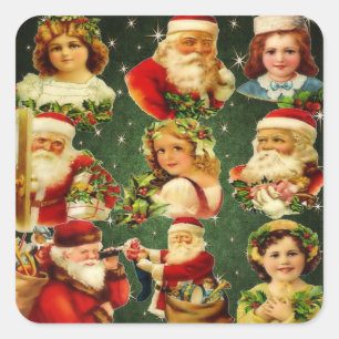 Pegatina Cuadrada Antiguos Navidades Chicas y Santa
