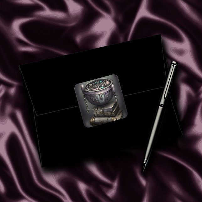 Pegatina Cuadrada Antique Steampunk Cauldron | Pila de libros de tex (Subido por el creador)