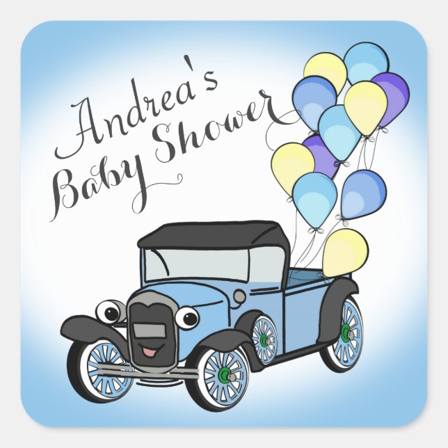 Pegatina Cuadrada Antique Truck Baby Shower (Anverso)