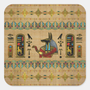 Pegatina Cuadrada Anubis Ornament egipcio sobre papiro