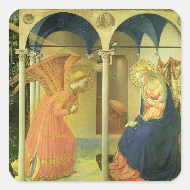 Pegatina Cuadrada Anunciación del Prado por Fra Angelico (Anverso)