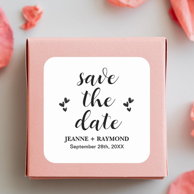 Pegatina Cuadrada Anuncio Clásico de Boda para Guardar la Fecha (Classic square save the date sticker adds timeless elegant charm to wedding announcements.)