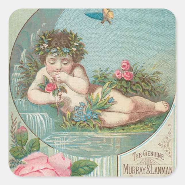 Pegatina Cuadrada Anuncio de agua de la Florida con Cherub 1888 (Anverso)