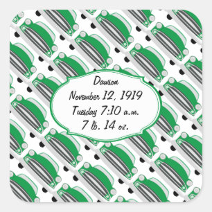 Pegatina Cuadrada Anuncio de Baby Shower del Auto Retro Sweet Green