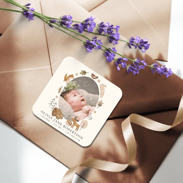 Pegatina Cuadrada Anuncio de nacimiento de animales de Boho Woodland (Subido por el creador)