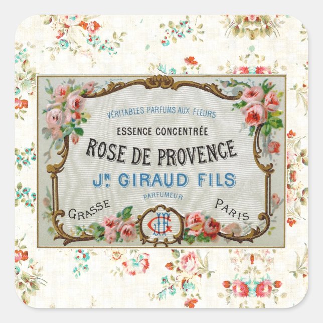Pegatina Cuadrada Anuncio de Rosa francés antiguo (Anverso)