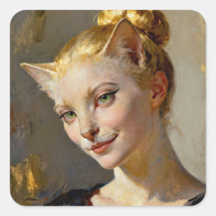Pegatina Cuadrada “Anya, meticulosamente contenta” – Una felina feme
