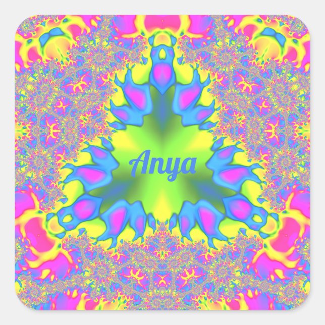 Pegatina Cuadrada ANYA ~ Sombros Amarillo, Verde, Rosa, Azul (Anverso)