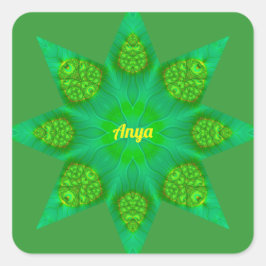 Pegatina Cuadrada ¡ANYA ~WOW! Diseño fractal de estrella verde octag