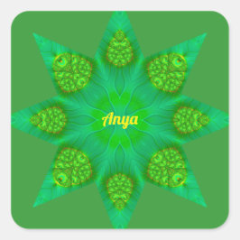 Pegatina Cuadrada ¡ANYA ~WOW! Diseño fractal de estrella verde octag
