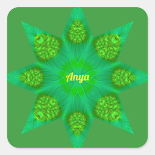 Pegatina Cuadrada ¡ANYA ~WOW! Diseño fractal de estrella verde octag