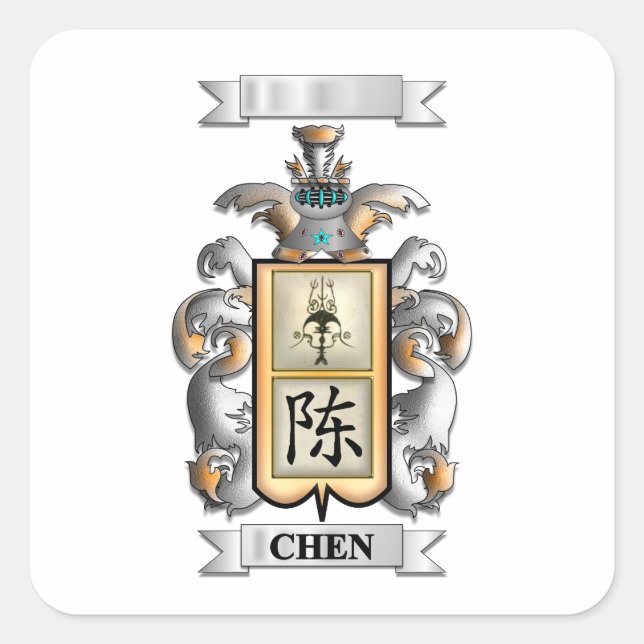Pegatina cuadrada apellido Chen y escudo (Anverso)
