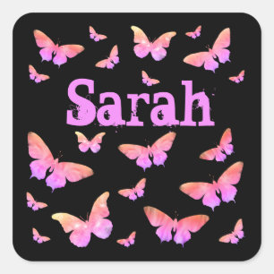 Pegatina Cuadrada Apellido del arte mariposa rosada y morada de la a