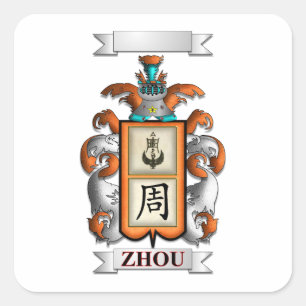 Pegatina Cuadrada Apellido Zhou y Escudo