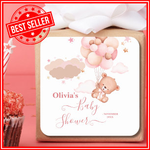 Pegatina Cuadrada Apenas Podemos Esperar Rosa Fiesta de Bebé para Ni