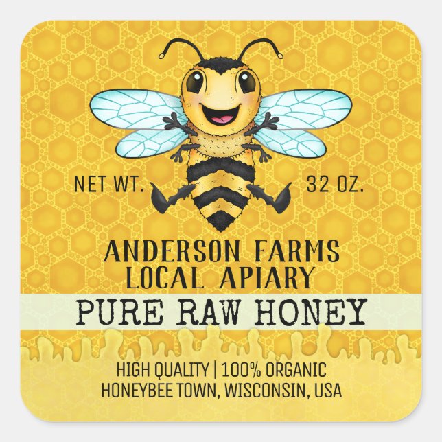 Pegatina Cuadrada Apiary Honey Bee | Happy Honeycomb Jar (Anverso)