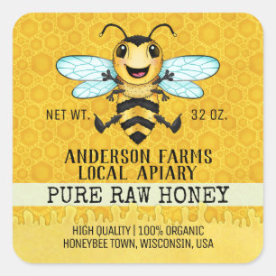 Pegatina Cuadrada Apiary Honey Bee   Happy Honeycomb Jar