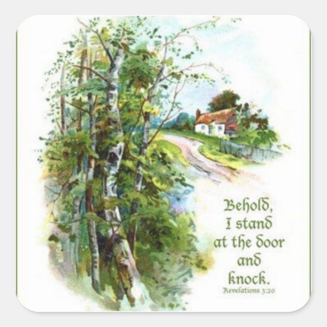 Pegatina Cuadrada Apocalipsis 3:20 Escritura (Anverso)