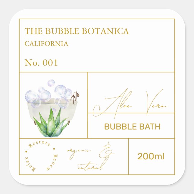 Pegatina Cuadrada Apothecary Aloe Vera Bubble Bath Label (Anverso)