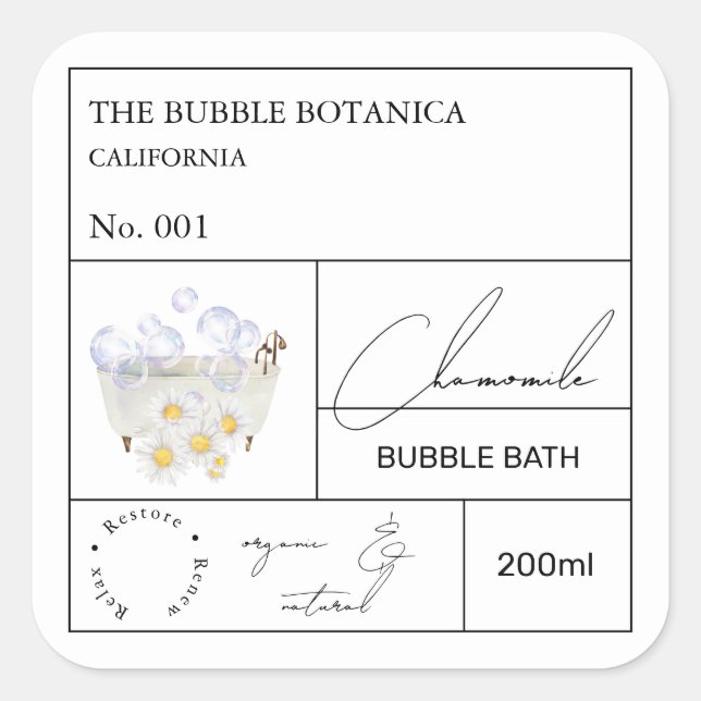 Pegatina Cuadrada Apothecary Chamomile Bubble Bath Label (Anverso)