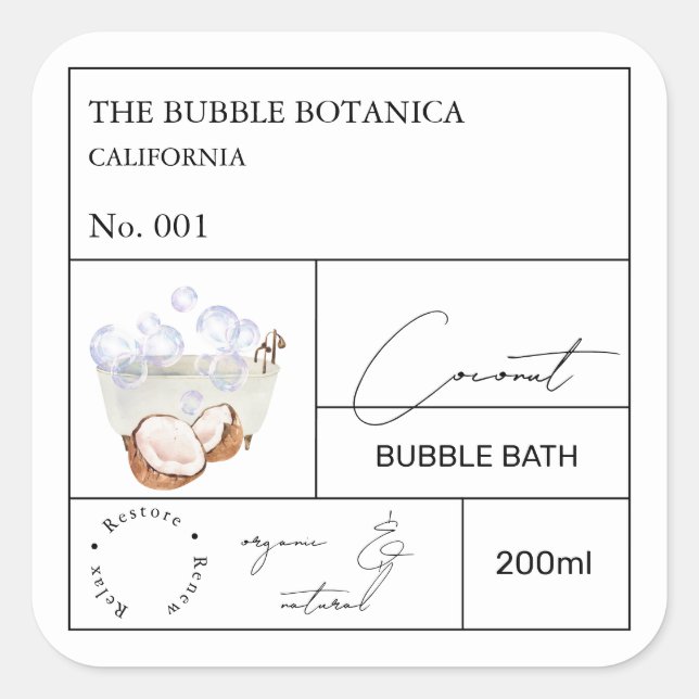 Pegatina Cuadrada Apothecary Coconut Bubble Bath Label (Anverso)