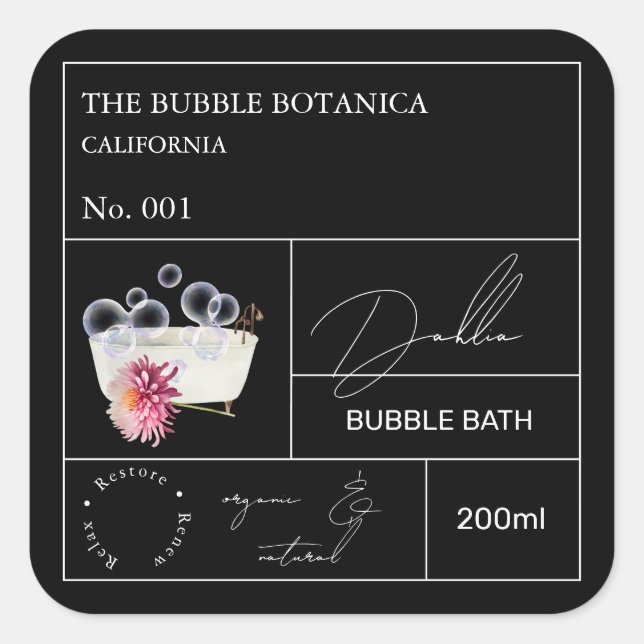 Pegatina Cuadrada Apothecary Dahlia Bubble Bath Label (Anverso)