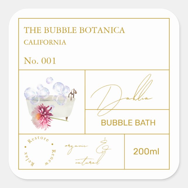Pegatina Cuadrada Apothecary Dahlia Bubble Bath Label (Anverso)