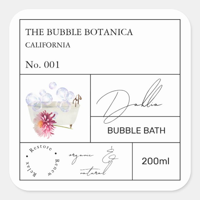 Pegatina Cuadrada Apothecary Dahlia Bubble Bath Label (Anverso)