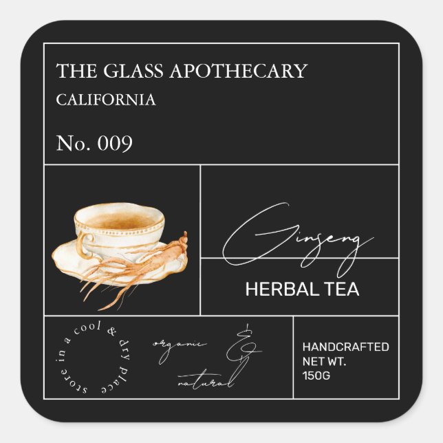 Pegatina Cuadrada Apothecary Ginseng Herbal Tea  Label (Anverso)