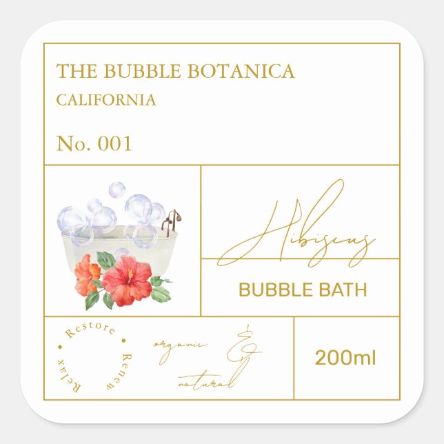 Pegatina Cuadrada Apothecary Hibiscus Bubble Bath Label (Anverso)