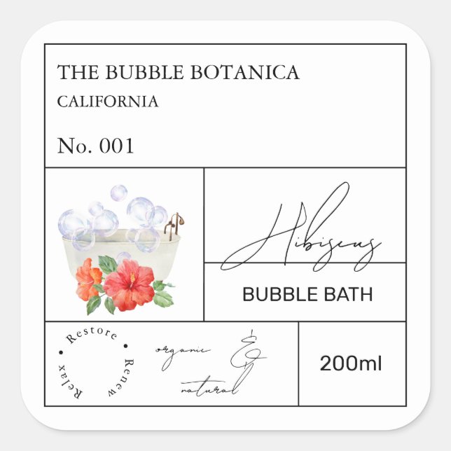 Pegatina Cuadrada Apothecary Hibiscus Bubble Bath Label (Anverso)