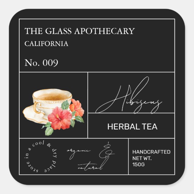 Pegatina Cuadrada Apothecary Hibiscus Herbal Tea  Label (Anverso)