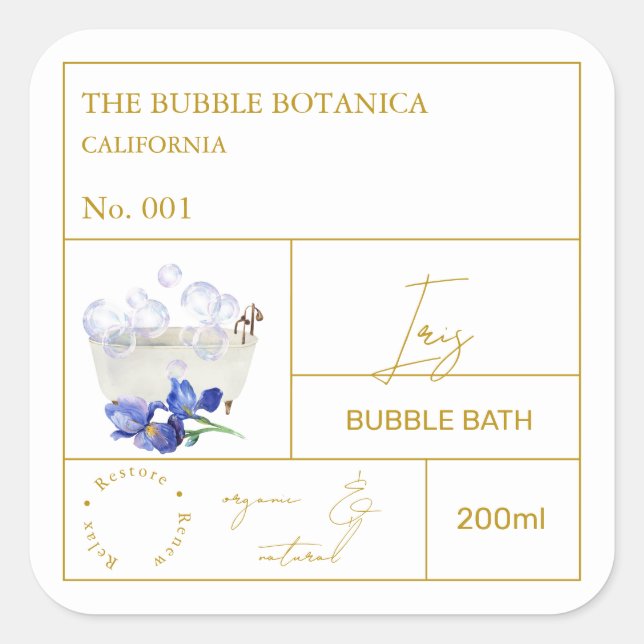 Pegatina Cuadrada Apothecary Iris Bubble Bath Label (Anverso)