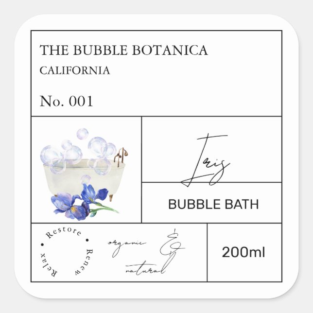 Pegatina Cuadrada Apothecary Iris Bubble Bath Label (Anverso)