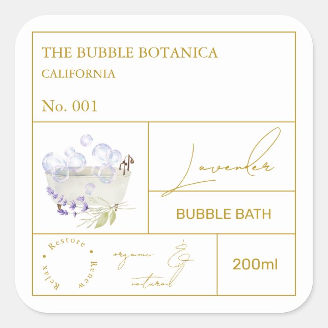 Pegatina Cuadrada Apothecary Lavender Bubble Bath Label (Anverso)
