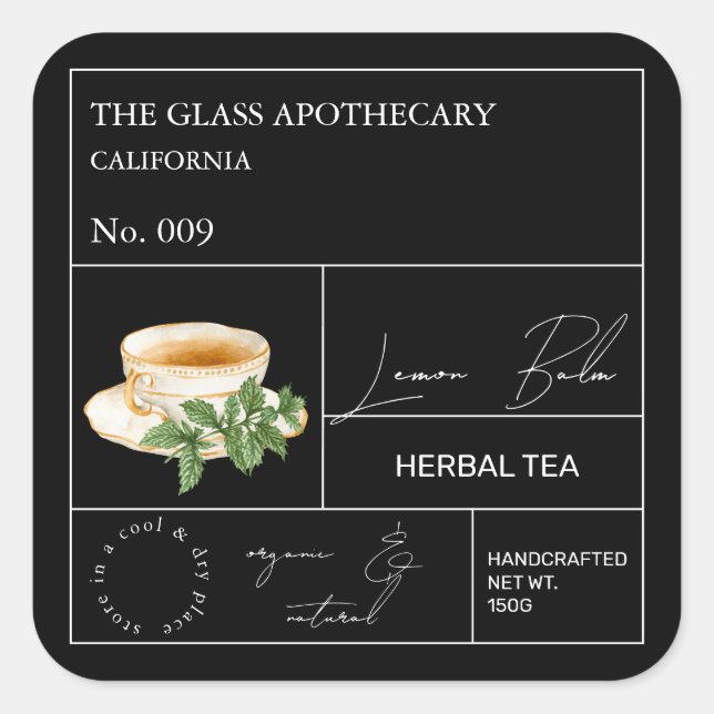 Pegatina Cuadrada Apothecary Lemon Balm Herbal Tea  Label (Anverso)