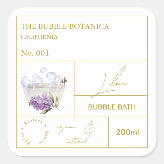 Pegatina Cuadrada Apothecary Lilac Bubble Bath Label (Anverso)