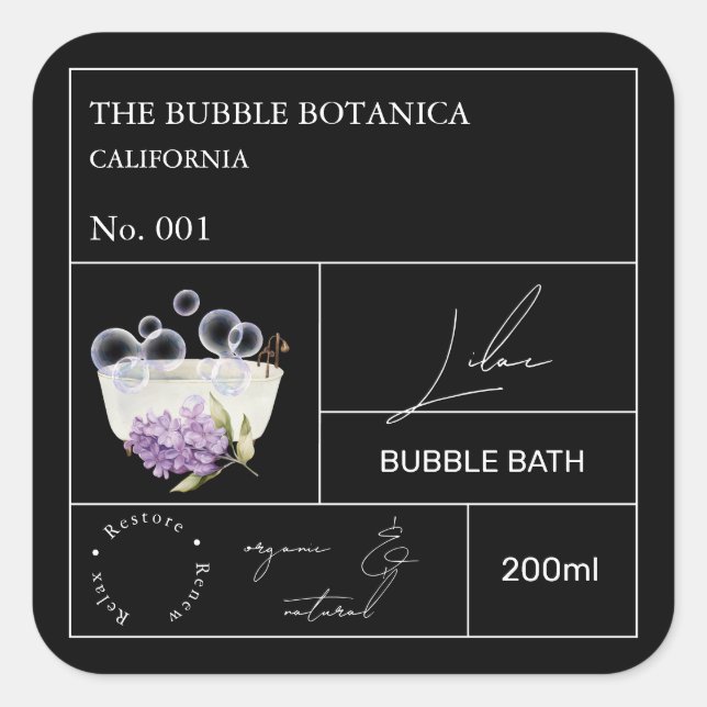 Pegatina Cuadrada Apothecary Lilac Bubble Bath Label (Anverso)