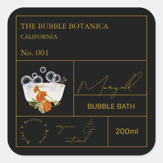 Pegatina Cuadrada Apothecary Marigold Bubble Bath Label (Anverso)